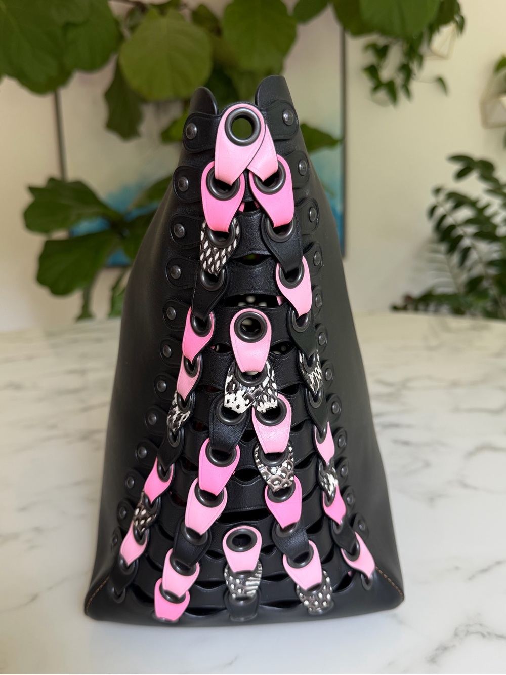 1941 Rogue Tote With Snakeskin Coach Link Detail Pink Black Leather Bag 86919 - Picture 6 of 14